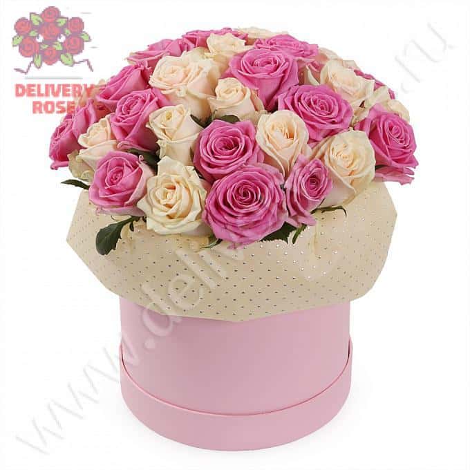 51 белая и розовая роза 40 см. в шляпной коробке Cтандарт